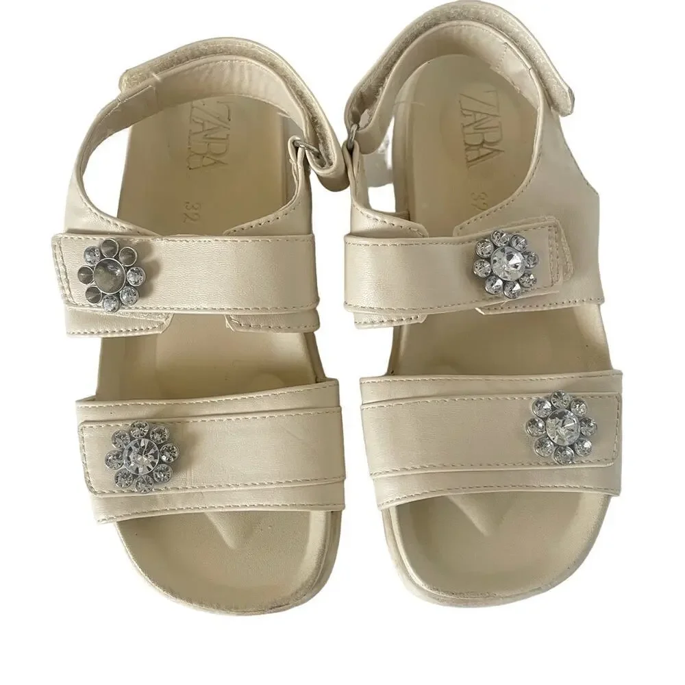 Zara Kids Cream Bejeweled Double Strap Velcro Slip On Sandals • Size 1 🗣